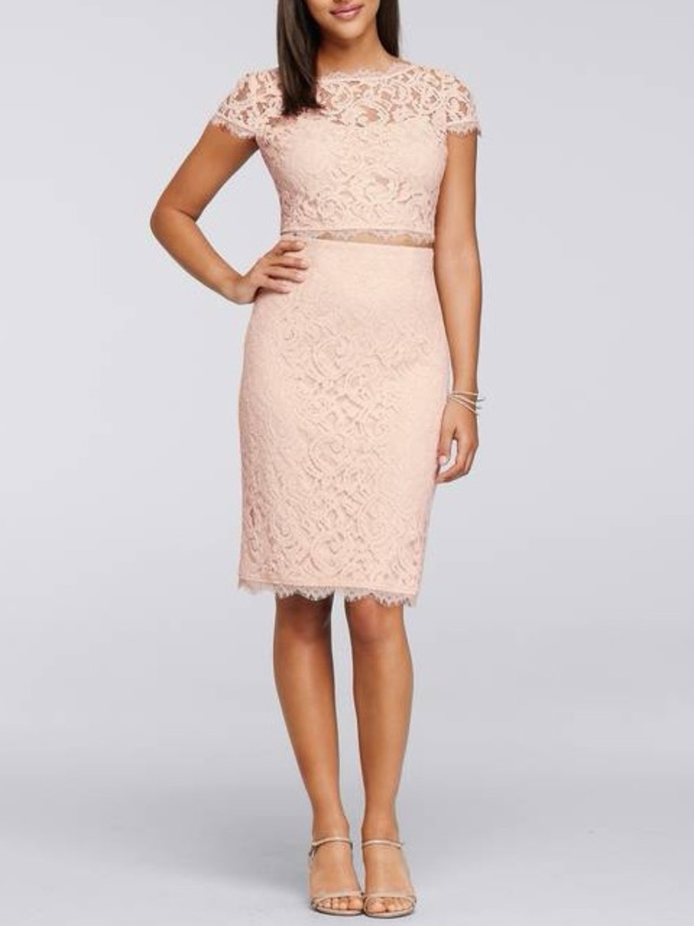 ADRIANNA PAPELL Two-Piece Lace Dress Skirt Short Sleeves Cropped Top Pink Size 4